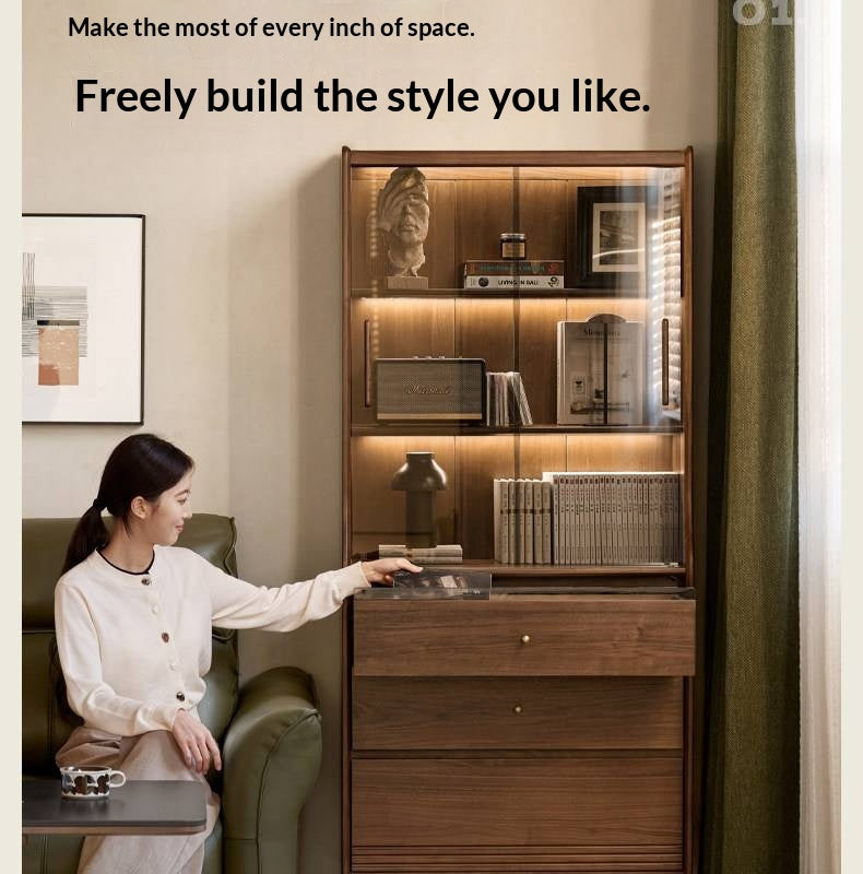 Black Walnut Solid Wood Bookcase with Interior Lighting