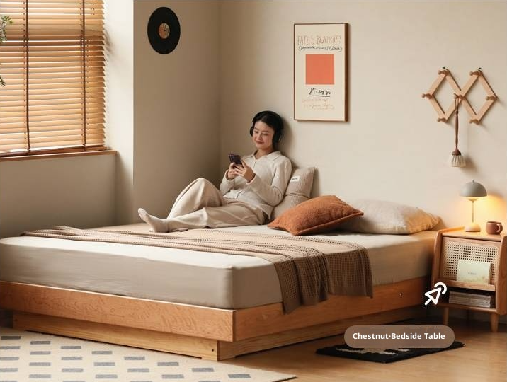 Cherry Solid Wood Floating Platform Box Bed, Headboard-Free Bed