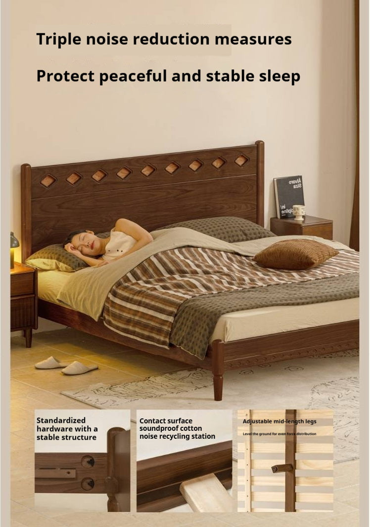Black Walnut Solid Wood Mid-Century Classic Bed with Cherry Accent Headboard