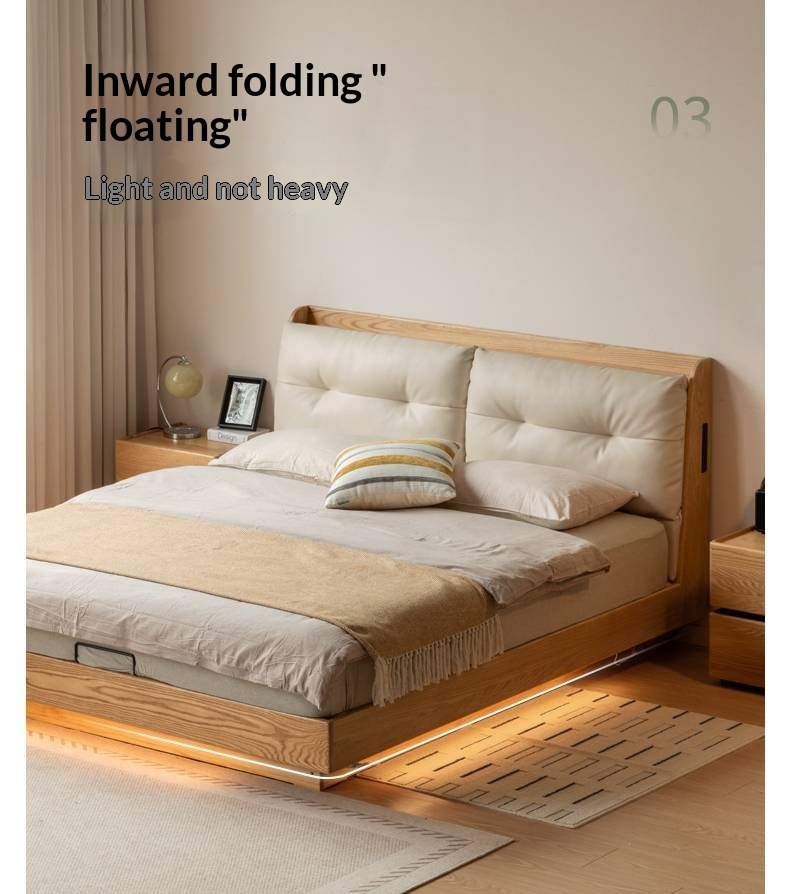 Oak Solid Wood Modern Leather Storage Bed, LED Lighting and USB Charging