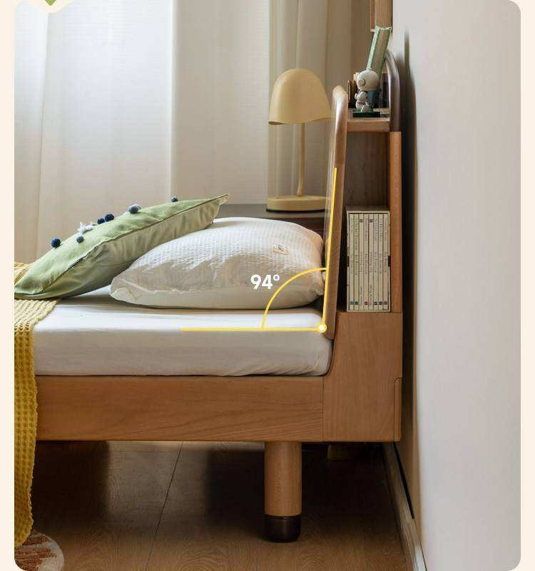 Beech Solid Wood Kids Bed with Scalloped Headboard and Hidden Storage