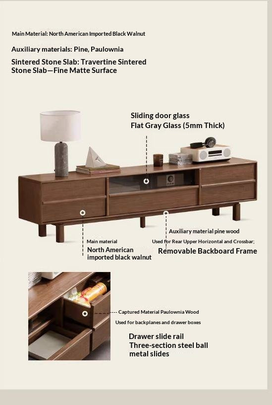 Black Walnut Solid Wood Luxury Style TV Cabinet with Slab Top and Storage