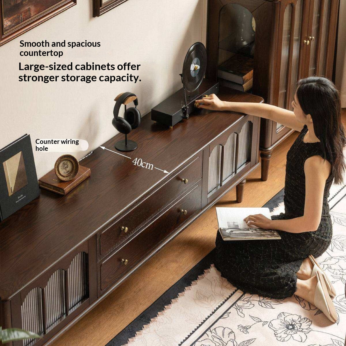 Ash Solid Wood TV Stand with American Retro Design and Tall Storage Cabinet