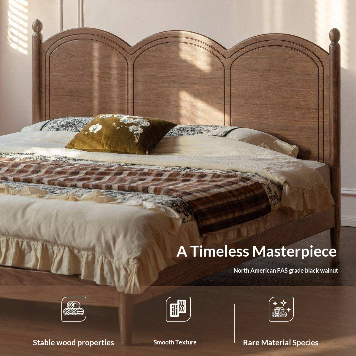 Black Walnut Solid Wood Bed with Arched French Country Headboard and Spindle Legs