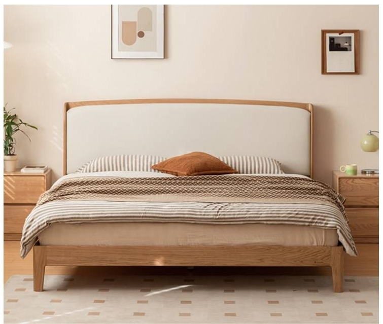Oak Solid Wood Bed — Modern Minimalist, Genuine Leather Upholstered Bed
