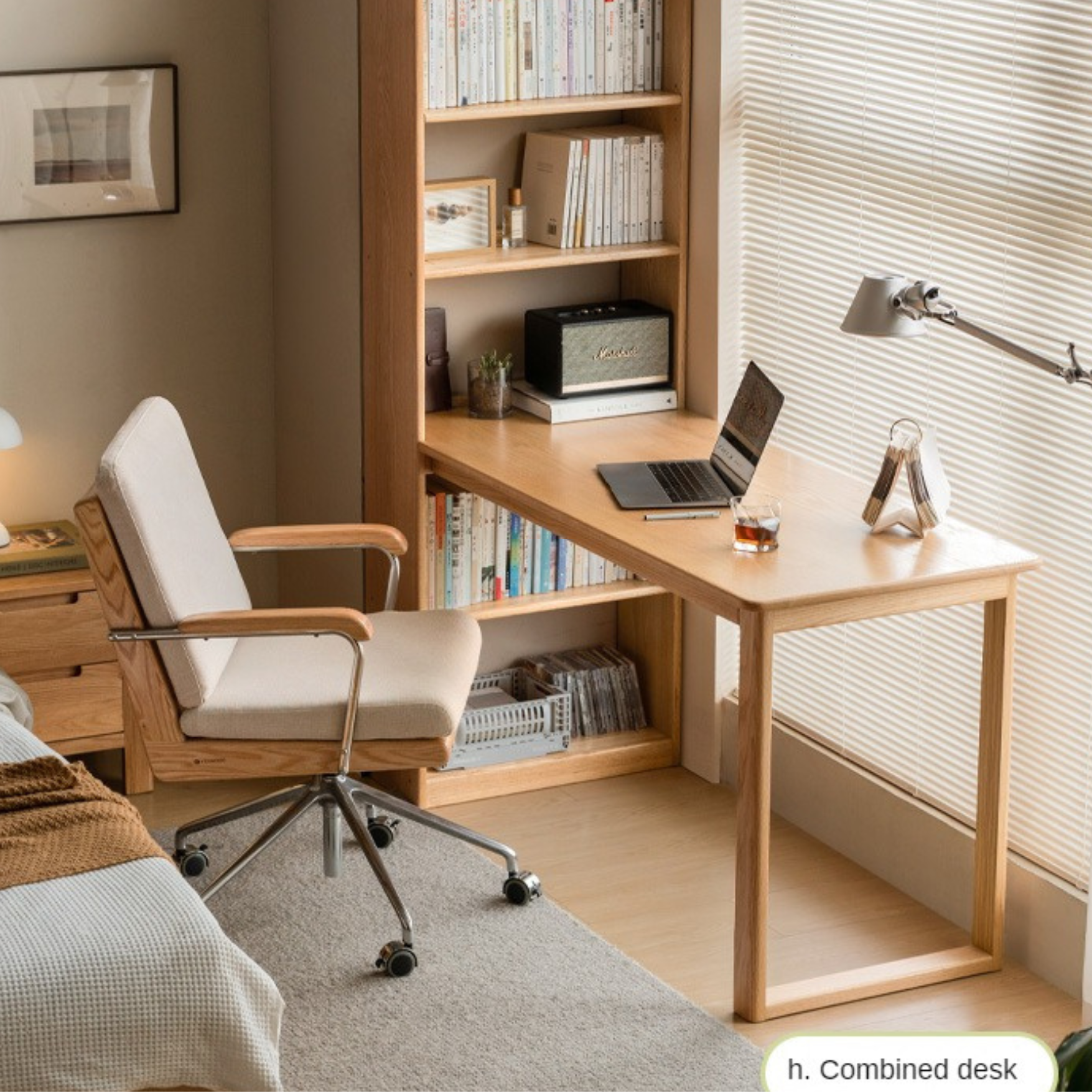 Oak Solid Wood Desk and Bookshelf Integrated Office Desk-