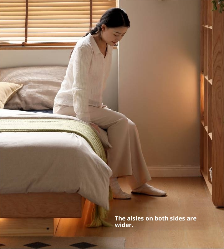 Cherry Solid Wood Floating Platform Box Bed, Headboard-Free Bed