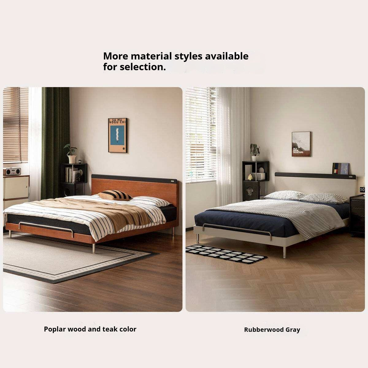 Rubberwood Solid Wood Platform Bed with Metal Legs and Two-Tone Headboard