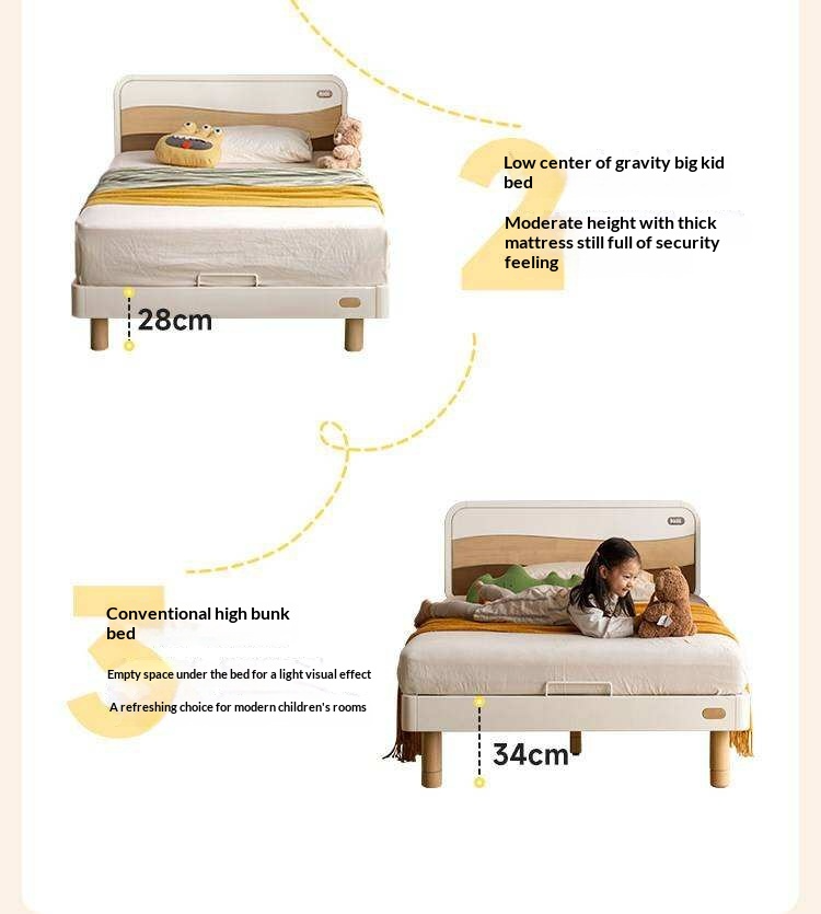 Rubberwood Solid Wood Kids Montessori Platform Bed with Adjustable Headboard, Warm White