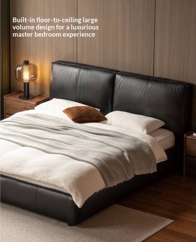 Genuine Leather Upholstered Bed — Black Large Bed, Italian Light Luxury Design