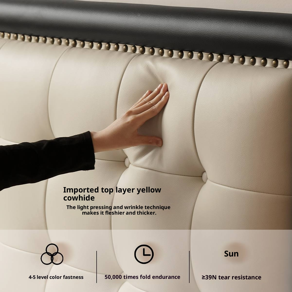 Luxury Genuine Leather Soft Headboard Bed, American Style Riveted Bed