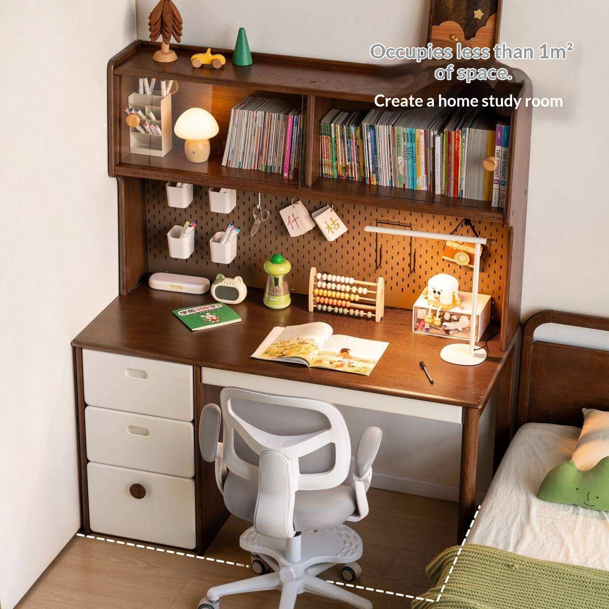 Oak Solid Wood Retro Style Kids Study Desk with Integrated Bookshelf