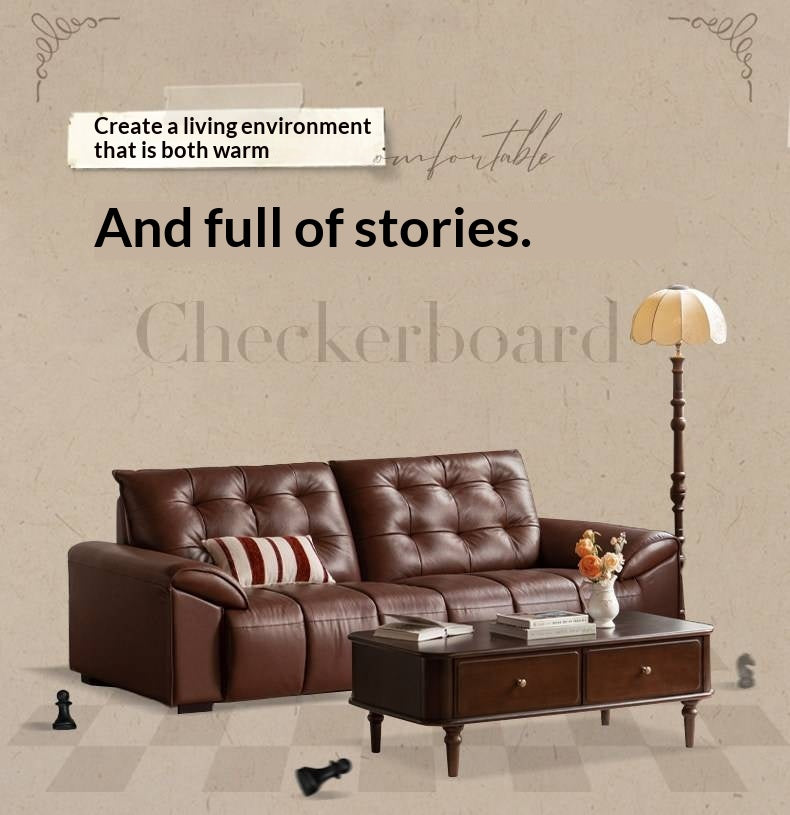 Genuine Leather American Retro High-Back Sofa with Checkerboard Black Bear Pattern