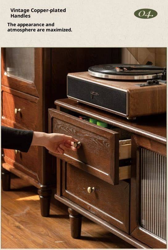 Ash Solid Wood Vintage TV Console with Fluted Glass Doors