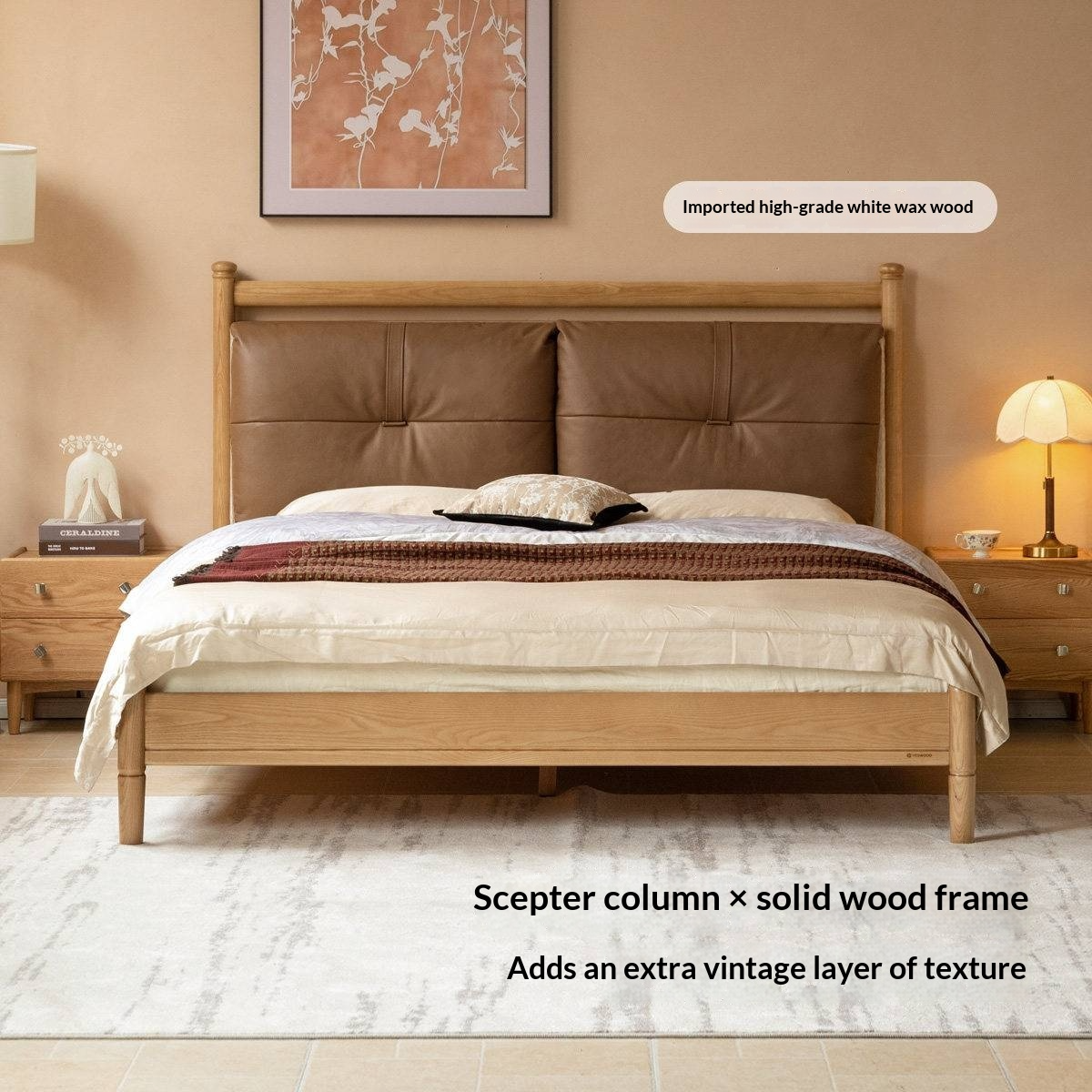 Ash Solid Wood Bed with Plush Genuine Leather Cushioned Headboard