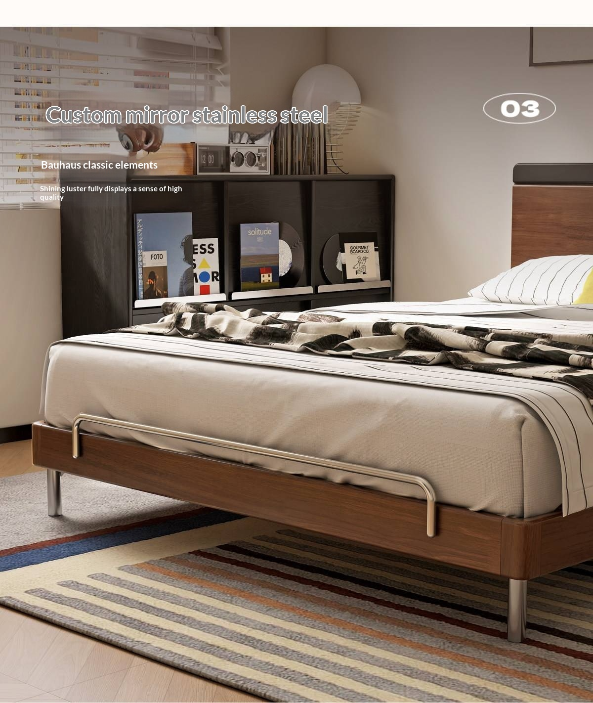 Rubberwood Solid Wood Platform Bed with Metal Legs and Two-Tone Headboard