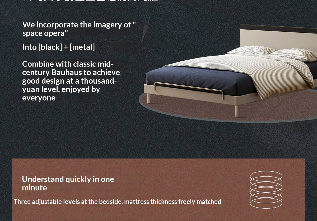 Rubberwood Solid Wood Bauhaus Platform Bed with Adjustable Headboard and Stainless Steel Legs