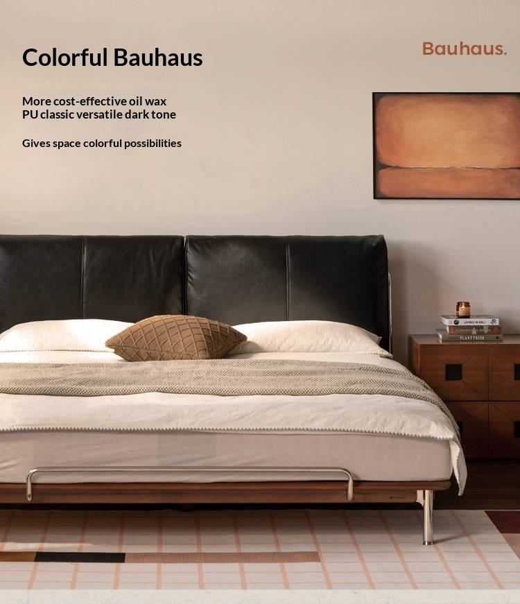 Genuine Leather Bauhaus Style Double Bed with Top Grain Cowhide Soft Backrest