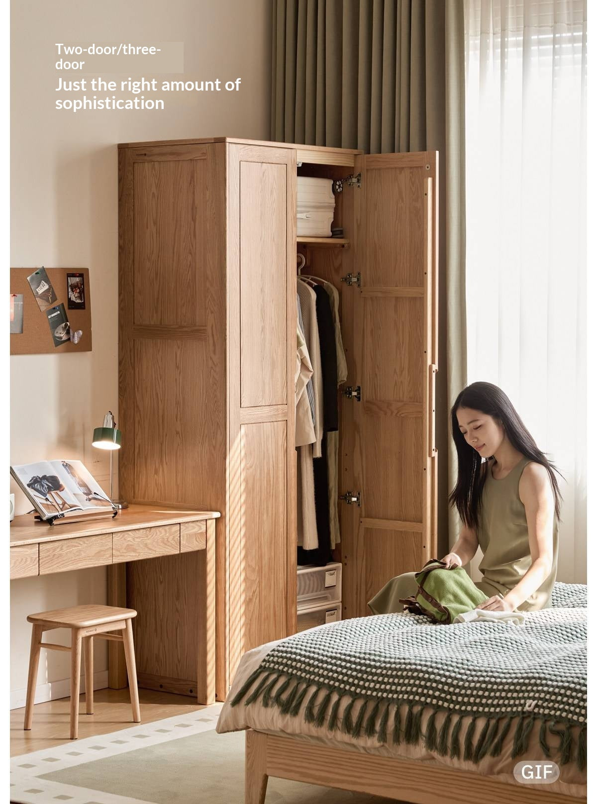 Oak solid wood Wardrobe with Flat Panel Doors and Groove Handles
