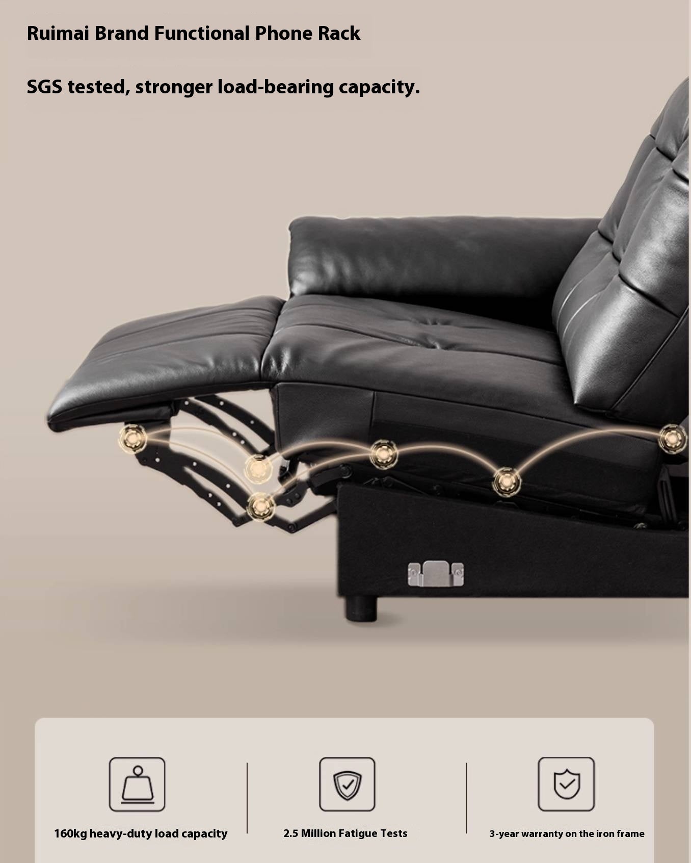 Pine Solid Wood Big Black Functional Leather Sofa