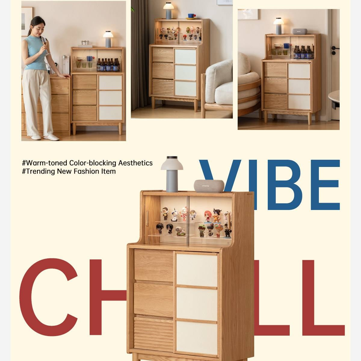 Oak Solid Wood Bar Cabinet with Glass Display and Sliding Doors