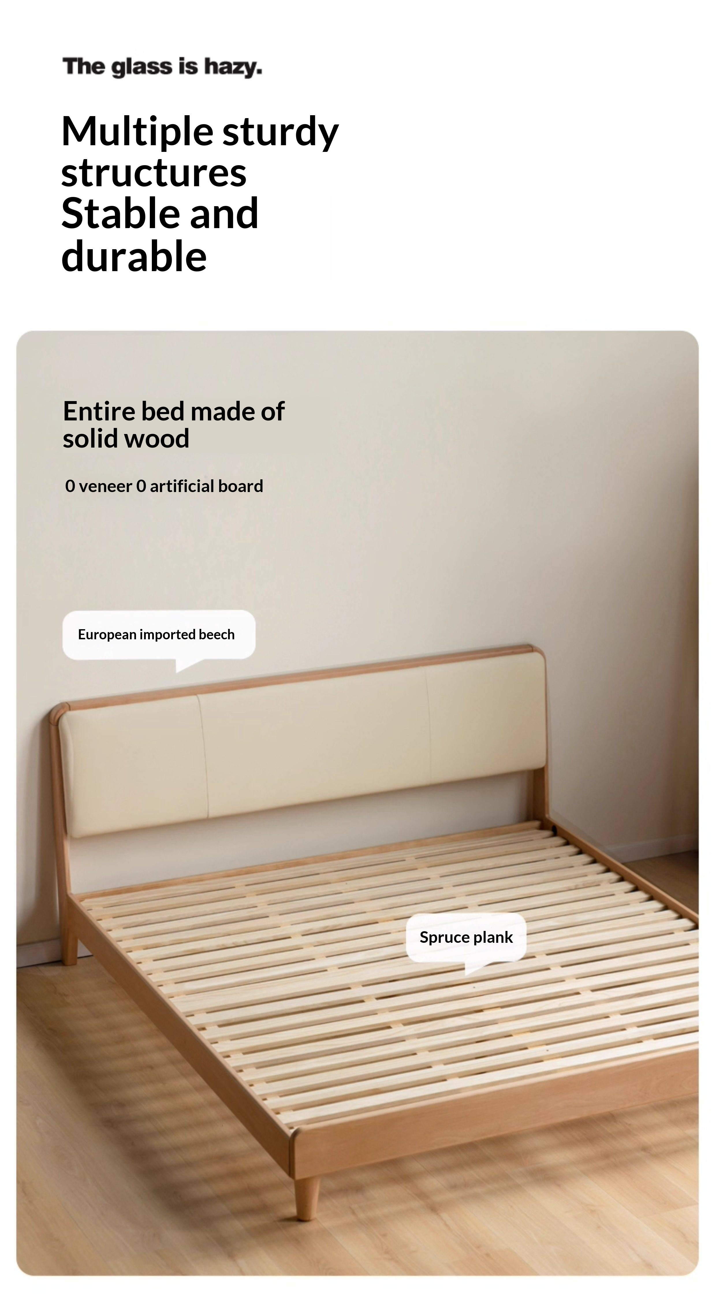 European Beech Solid Wood Bed — Soft Headboard, Simple Upholstered Light Luxury Bed