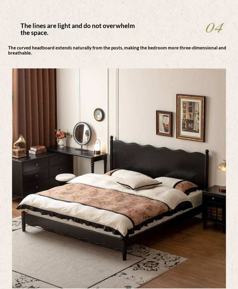 Rubberwood Solid Wood French Style Bed with Black Carved Headboard and Elegant Curved Frame