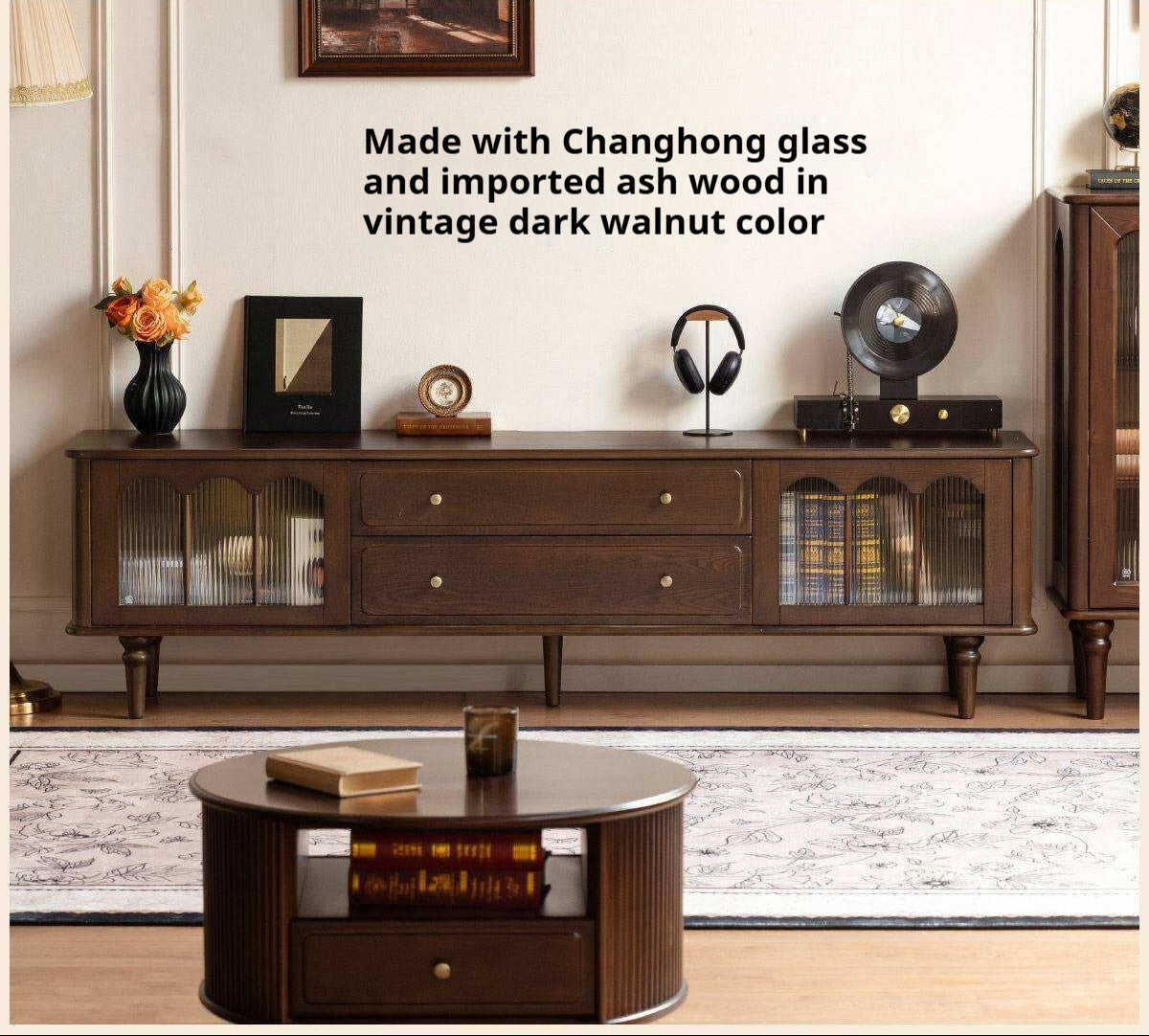 Ash Solid Wood TV Stand with American Retro Design and Tall Storage Cabinet
