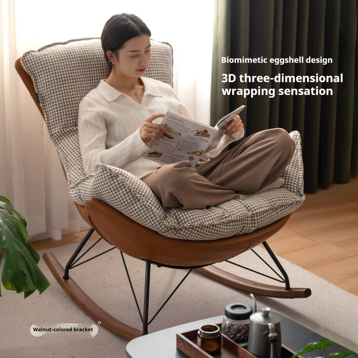 Beech Solid Wood Mid-Century Rocking Accent Chair with Houndstooth Cushion