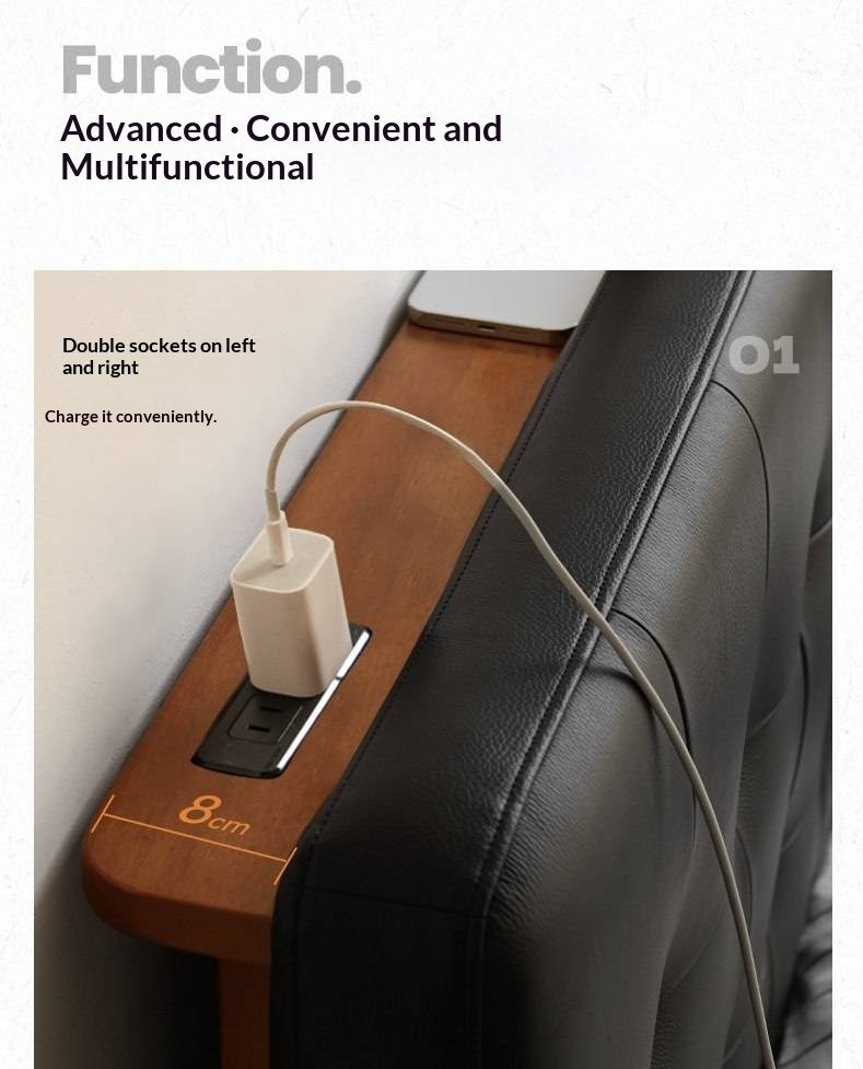 Tulipwood Solid Wood Bed — Bauhaus Style with Soft Genuine Leather Headboard