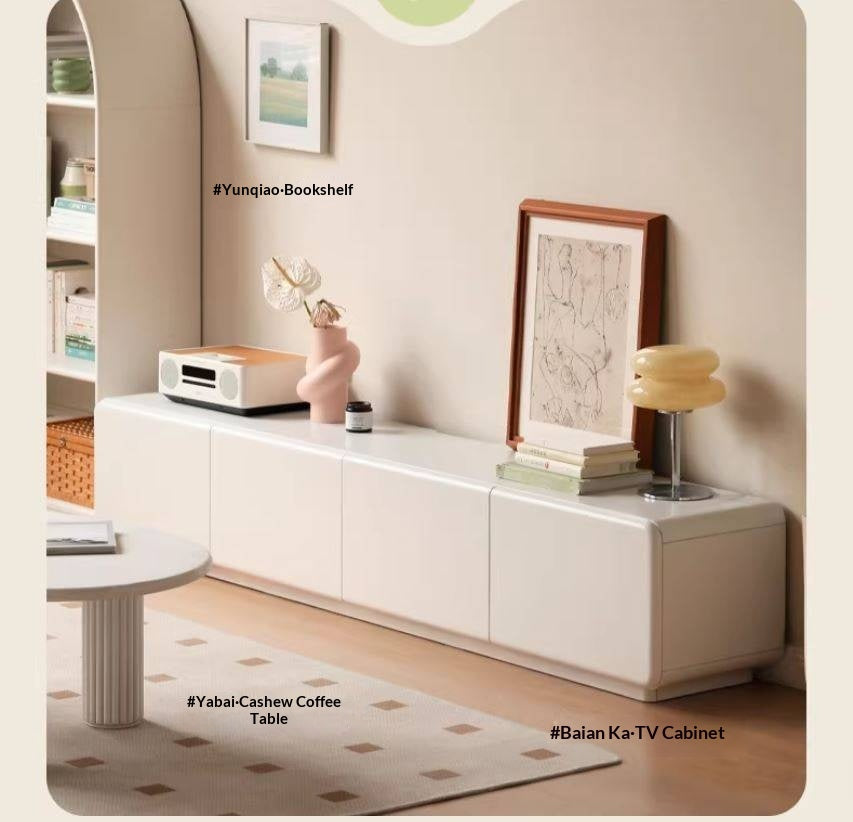 Solid RubberWood Floor TV Cabinet Cream Style.
