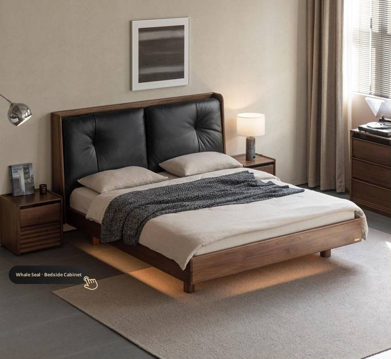 Black Walnut Solid Wood Italian Light Luxury Genuine Leather Soft Bed