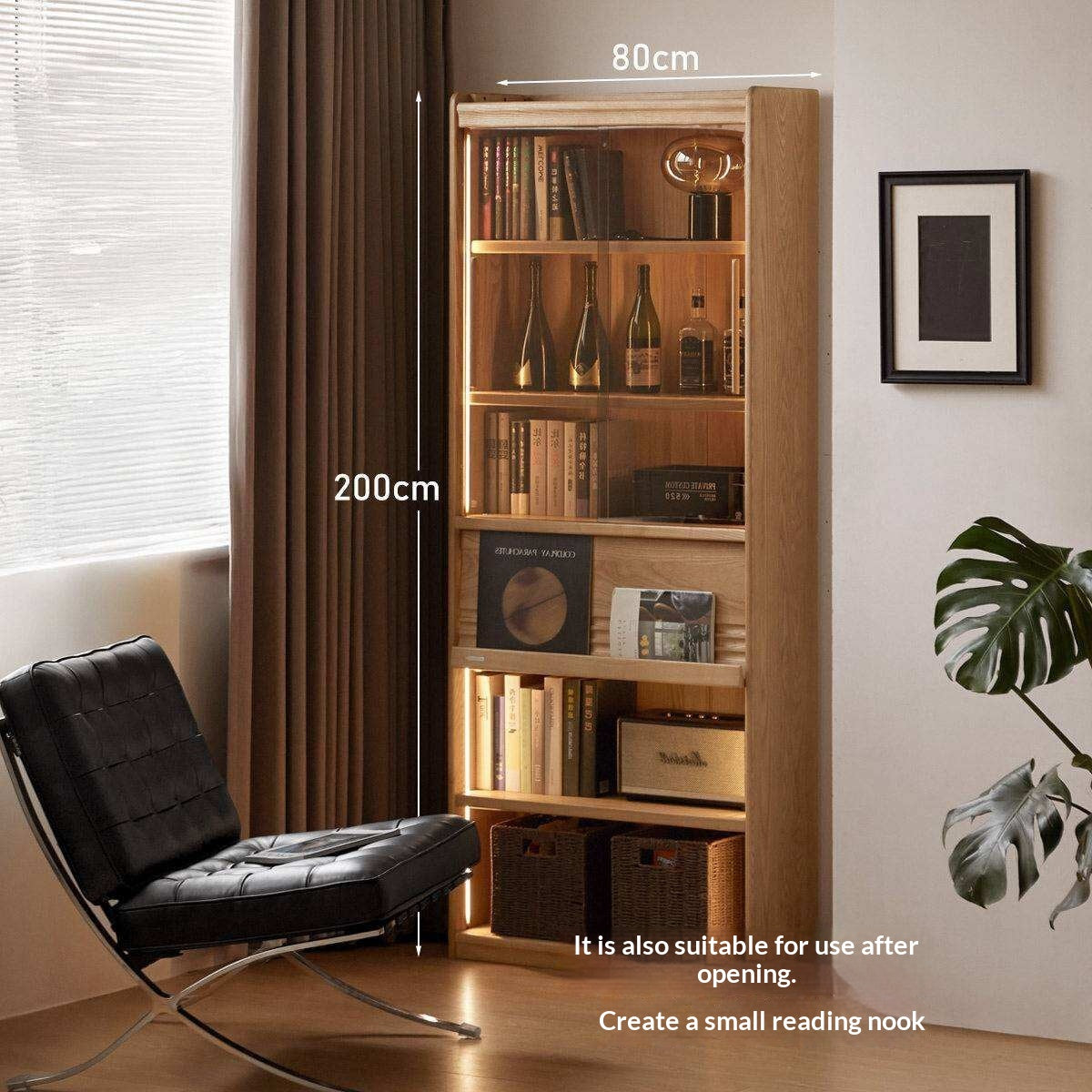 Oak Solid Wood Display Bookcase with Wall-Mounted Option and Storage Cabinet
