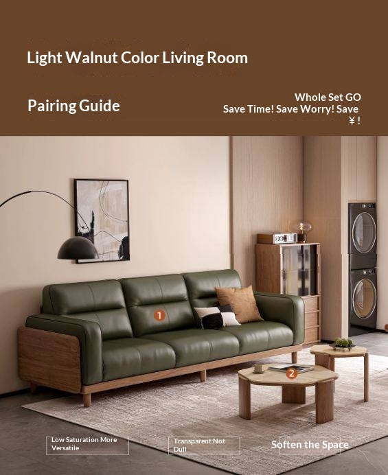 Ash Solid Wood Genuine Leather High Back Sofa