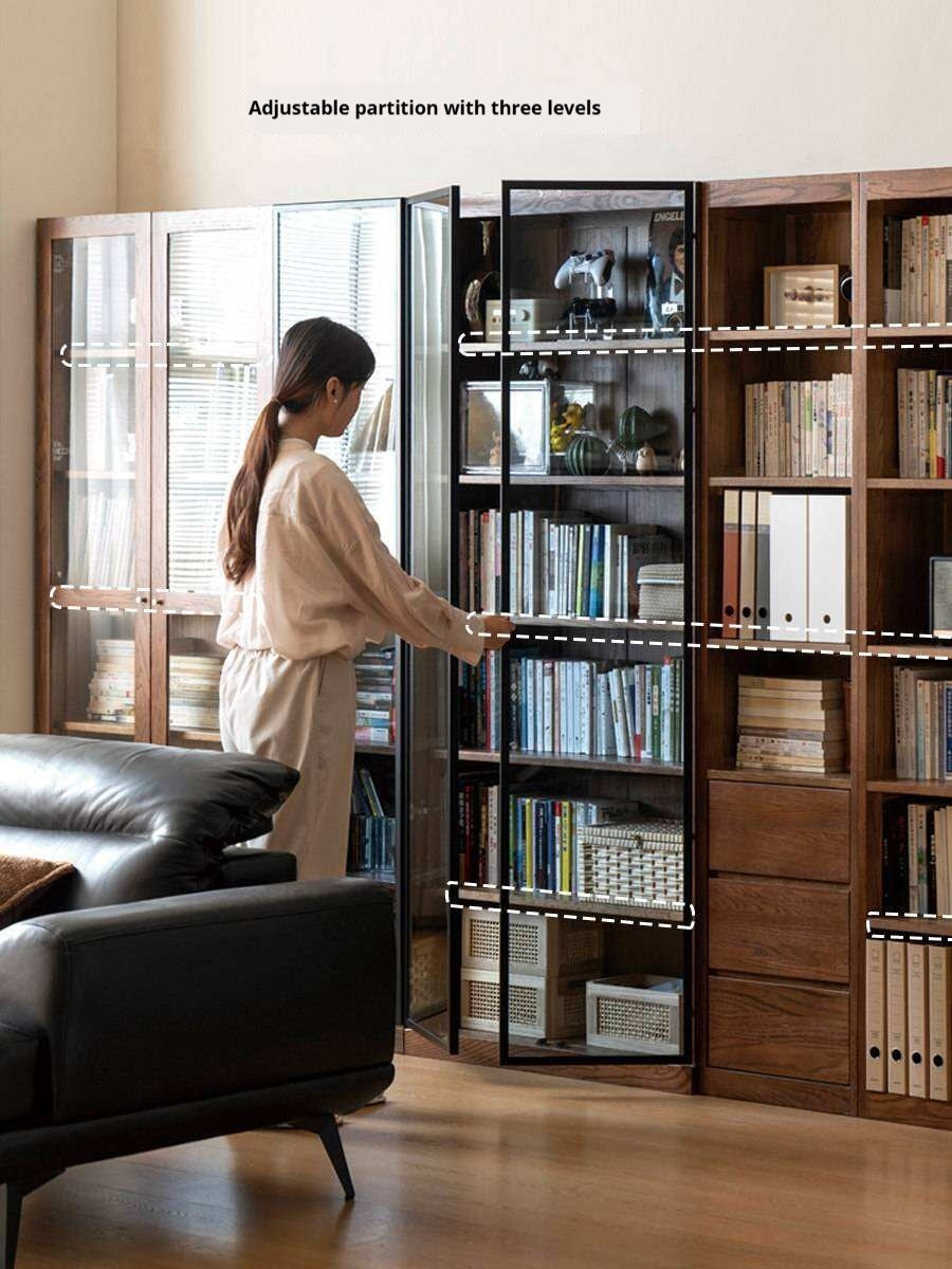 Solid Rubberwood, Oak Solid Wood Bookcase Modern With Glass Door