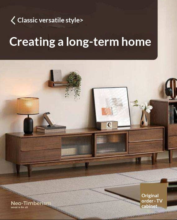 Black Walnut, Ash Solid Wood, Solid Longan Hardwood TV Cabinet with Sliding Door Storage