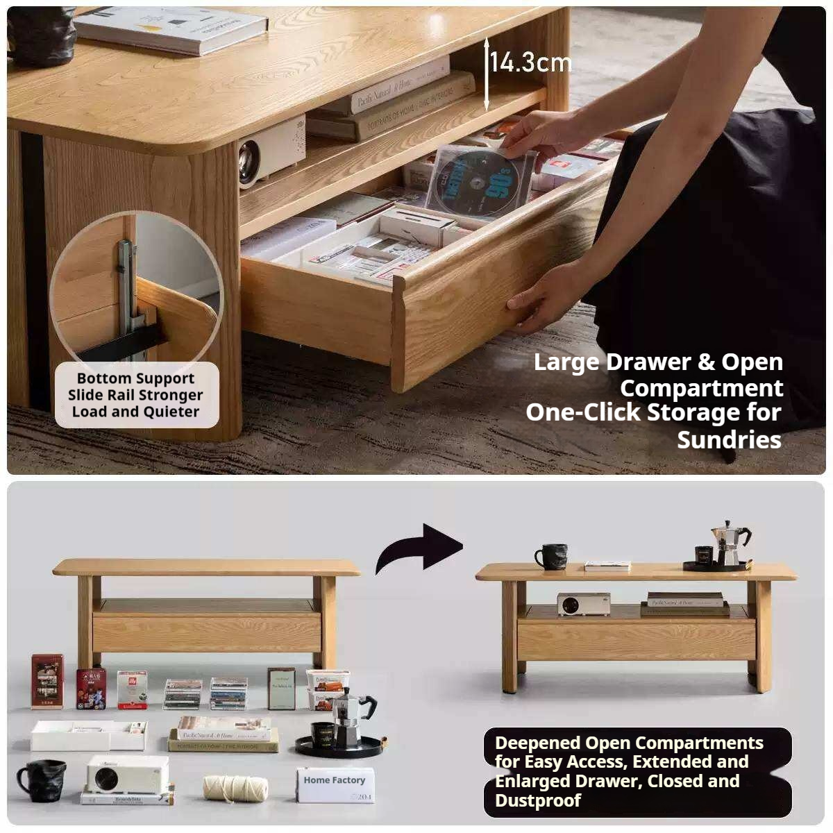 Ash Solid Wood Coffee Table with Two-Level Storage and Minimalist Design