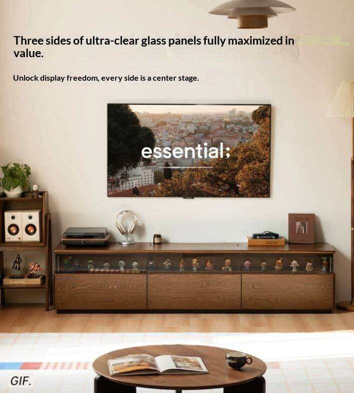 Ash Solid Wood TV Cabinet with Floor-Standing Storage and Display Shelves