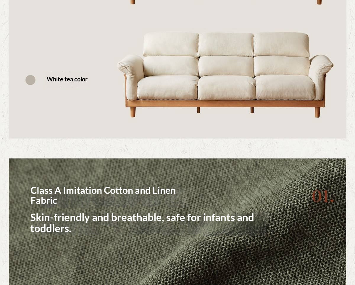 Oak Solid Wood Fabric Sofa, Couch with High Back Cushions, Durable Pet-Friendly Upholstery