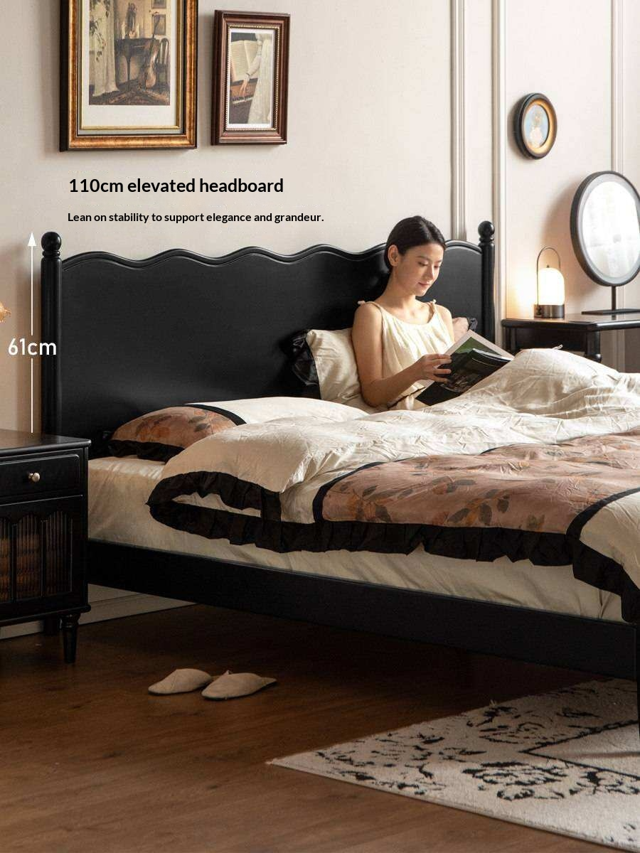 Rubberwood Solid Wood French Style Bed with Black Carved Headboard and Elegant Curved Frame