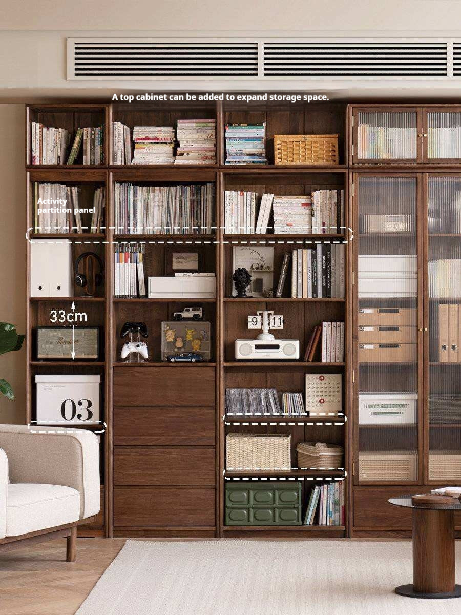 Black Walnut Solid Wood Bookcase Display Glass Door Storage Cabinet