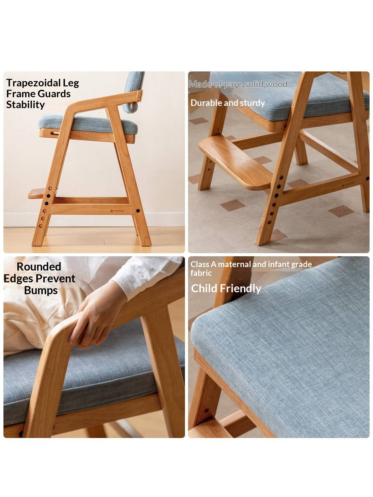 Solid RubberWood Kids Adjustable Height Desk Chair with Footrest