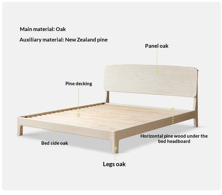 Oak Solid Wood Bed — Cream Style with Slanted Backrest