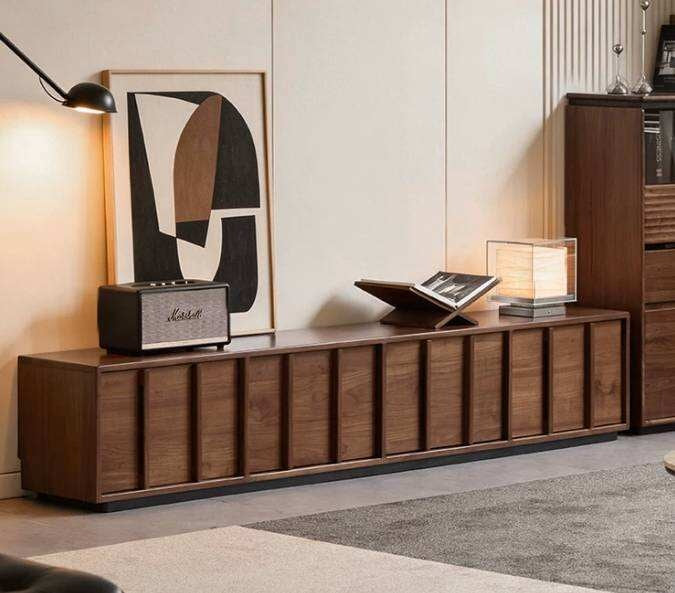Black Walnut, Oak Solid Wood TV Cabinet with Low Platform Design and Storage