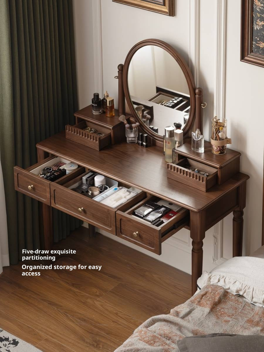 Black Walnut, Tulipwood Solid Wood Retro Style Dressing Table With Built-In Mirror