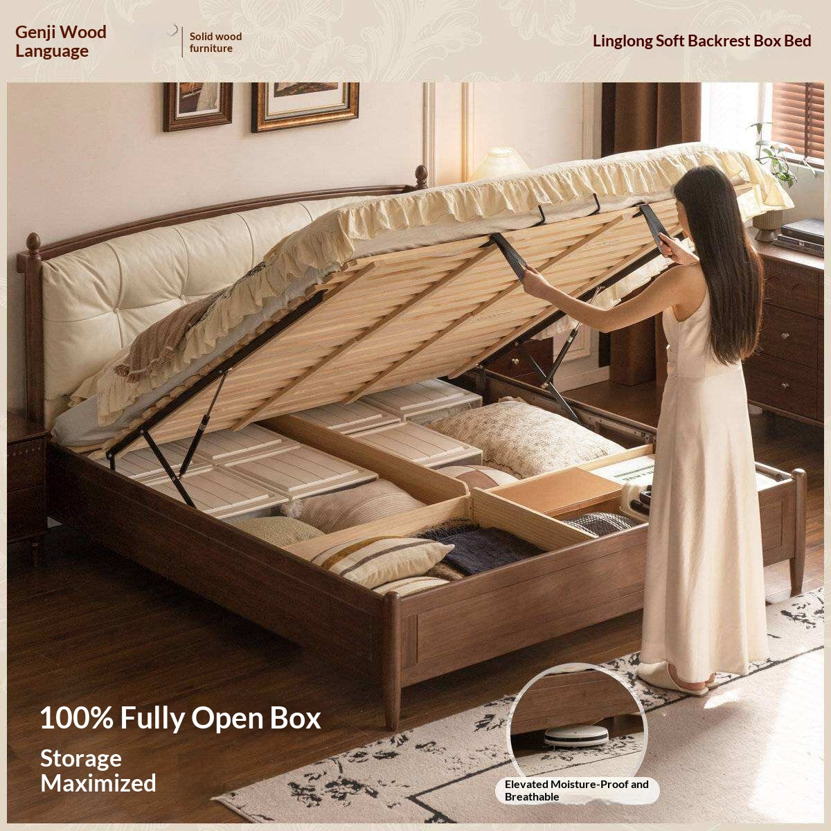 Black Walnut Solid Wood Four Poster Storage Bed with Tufted Headboard and Gas Lift