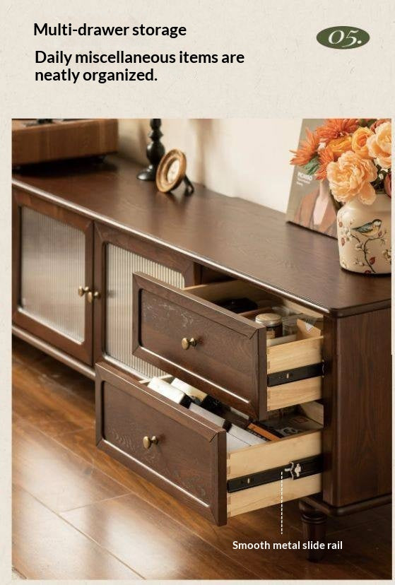 Ash Solid Wood Vintage TV Console with Fluted Glass Doors