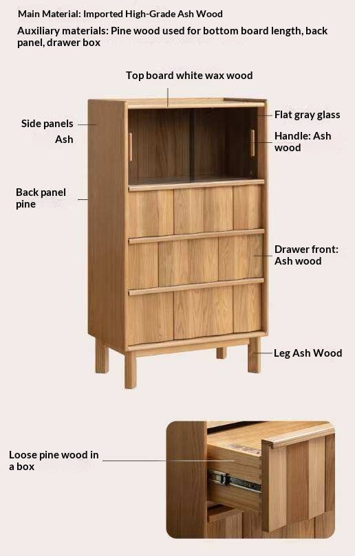 White Ash Solid Wood Side Cabinet with Modern Minimalist Design