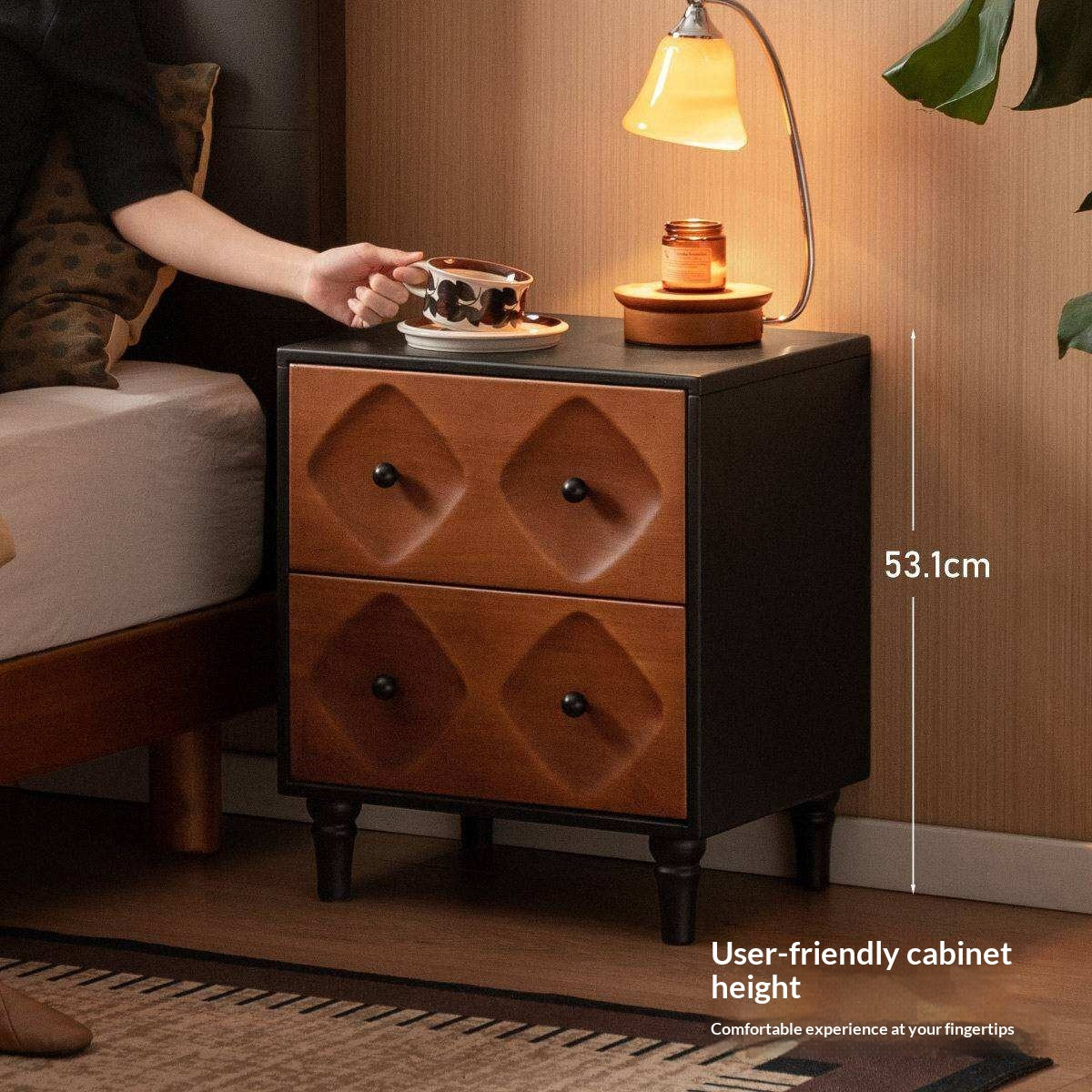 Solid RubberWood Nightstand Mid Century Two-Drawer Storage Cabinet