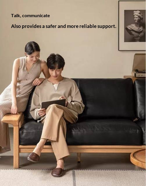 Oak, Ash Solid Wood Wabi Sabi Style Genuine Leather Sofa, fabric sofa